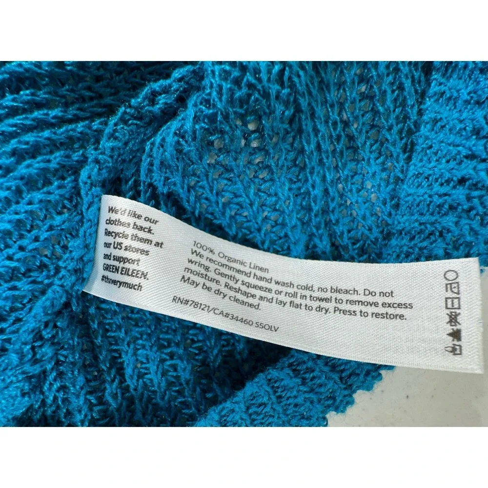 Eileen‎ Fisher Sweater Teal Organic Linen Open Knit Asymmetric Hem 3/4 Sleeve
